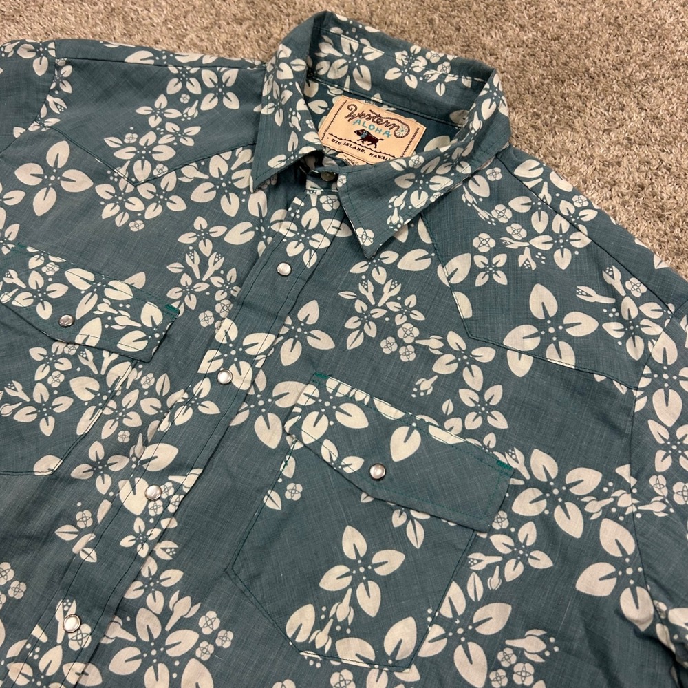 Western Aloha Shirt XXL Blue Floral Pearl Snap Short Sleeve Western Cowboy